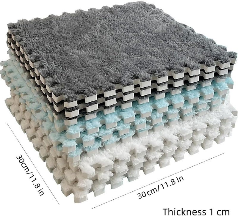 BXEBUI 12pcs Carpet Squares Puzzle Floor Mat, Plush Interlocking Carpet Tiles, Anti Slip EVA Foam Jigsaw Floor Tiles, Build A Safe Area for Bedroom Playroom (White+Grey+Black) - Image 3